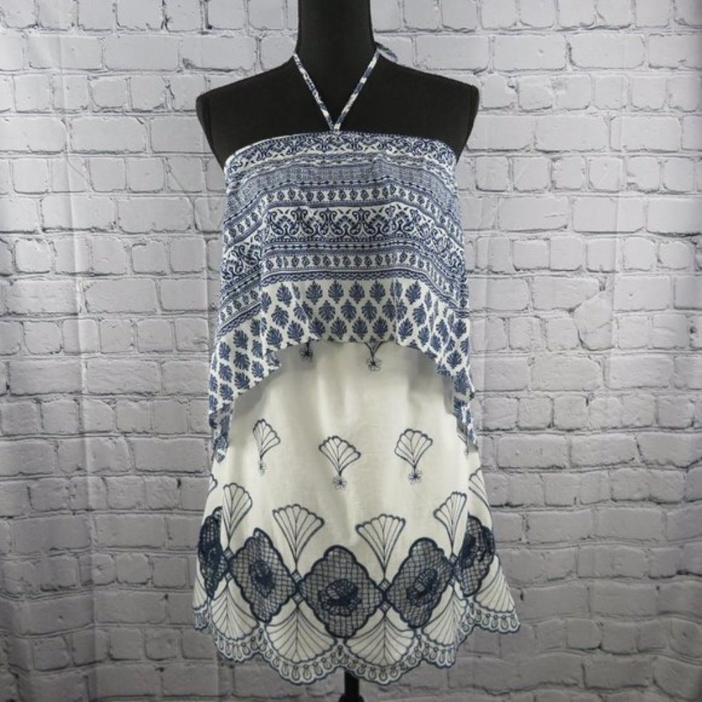Women's Blue & White Two Tier Halter Dress